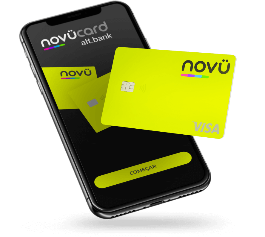 Celular com aplicativo novücard aberto ao lado de um cartão de crédito