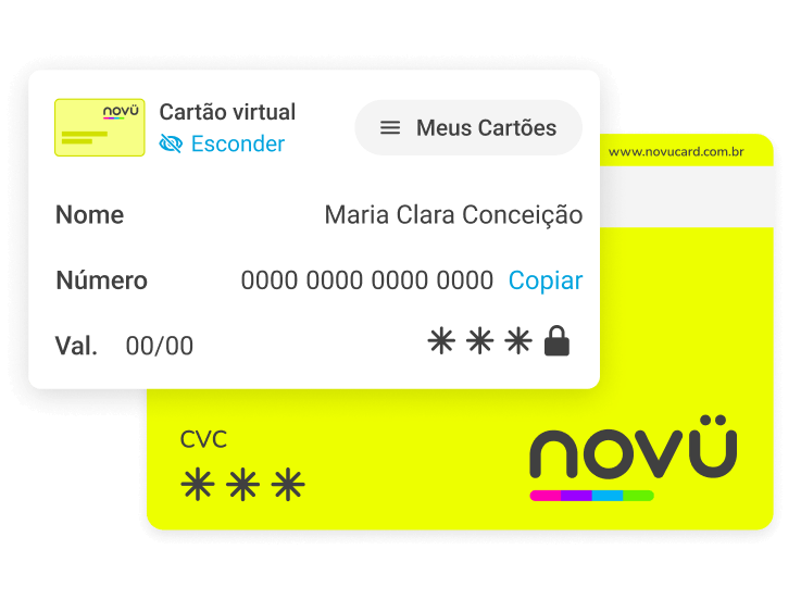 Demonstrativo de nome, número e validade do cartão virtual novücard